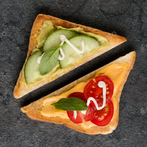 Preview: Variety of open sandwiches. Top view, flat lay.