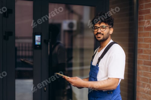 Preview: Technician using digital tablet, managing building access control system