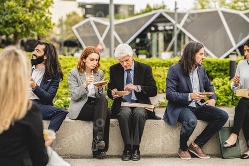 Preview: Happy colleagues eating together taking a break outside the offices