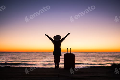 Preview: Travel, vacation and summer trip concept - silhouette of young woman in summer dress and hat looking