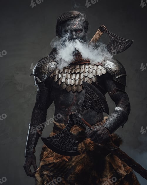 Preview: Muscular and scary warrior exhaling smoke and holding a huge axe