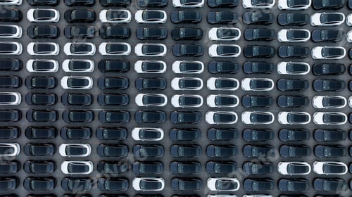 Preview: Aerial view car for sale stock lot row, Cars dealership inventory distribution.