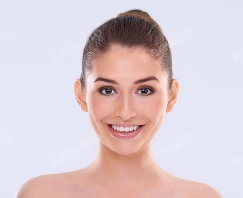 Preview: Smiling Woman Posing Against White Background