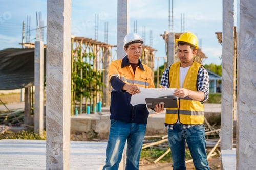Preview: An elderly man and a middle-aged Asian man, both wearing hard hats and reflective vests, closely