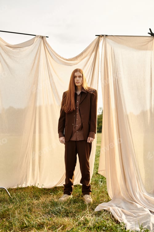 Preview: Young man with long hair showcases unique fashion against a serene outdoor backdrop during daytime