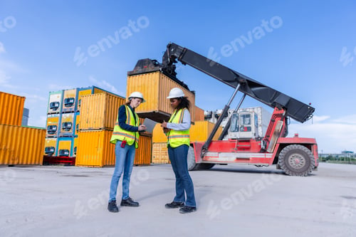 Preview: Two Female Workers Overseeing Heavy Machinery Lifting Shipping Containers at a Cargo Yard, Ensuring
