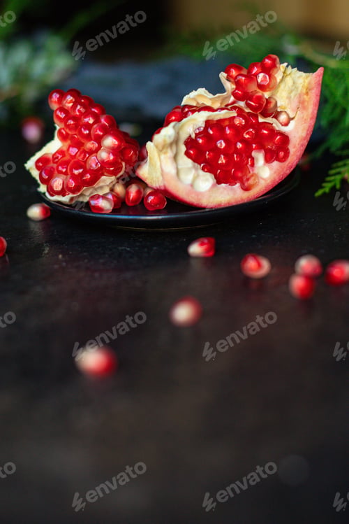 Preview: Pomegranate Sweet Red Fruit On The Table New Year Treat Christmas Serving Size Top View Copy Space