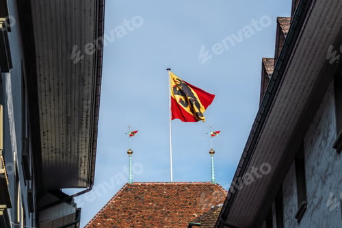 Preview: Bernese Flag on top of Bern Town Hall (Rathaus) - Bern, Switzerland