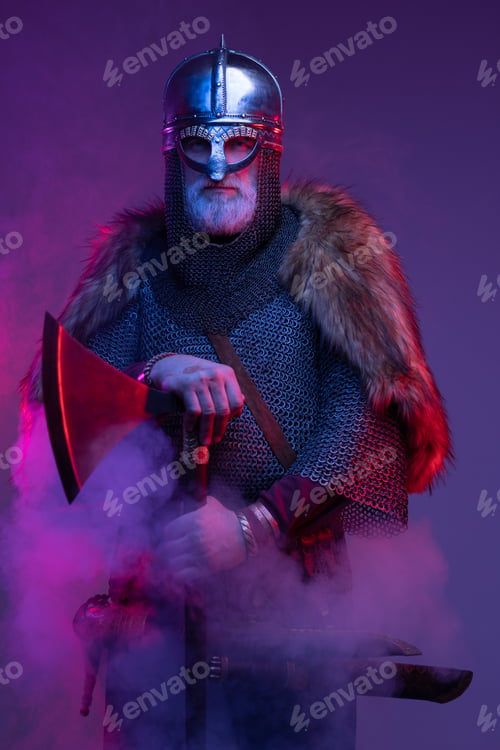 Preview: Bearded old man fighter with axe in fog