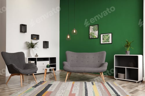 Preview: Modern living room interior stylish sofa near green wall