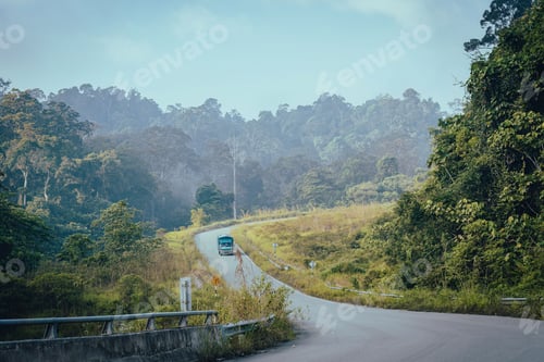 Preview: Truck driving down a road near a lush and vibrant tropical rainforest.