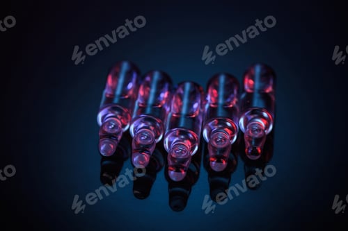 Preview: transparent glass ampoules with colored light reflection on table