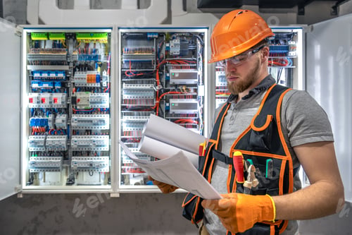 Preview: Male electrician working in electrical panel. Male electrician in overalls.