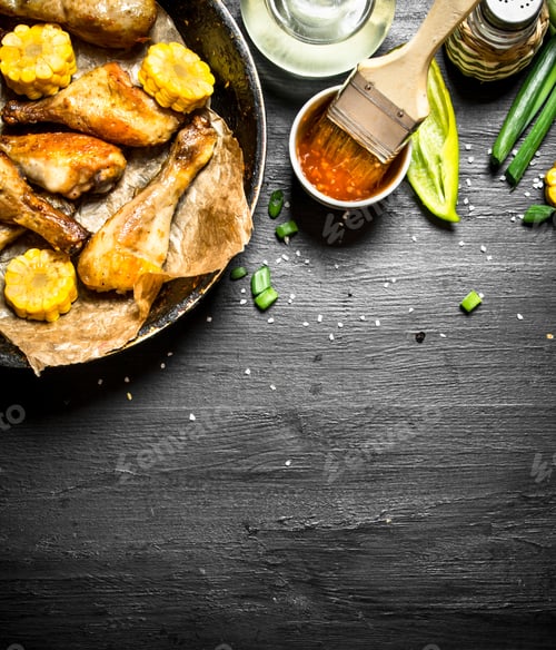 Preview: Fried chicken legs with pieces of corn and sauce.