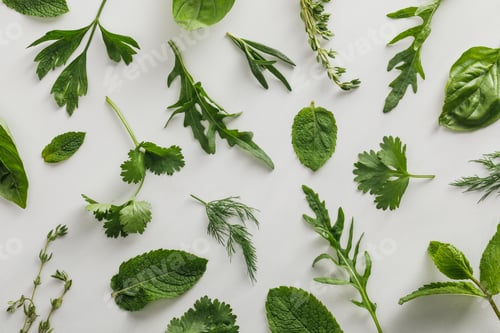 Preview: Top view of arugula, basil, cilantro, dill, parsley, rosemary and thyme twigs on white background