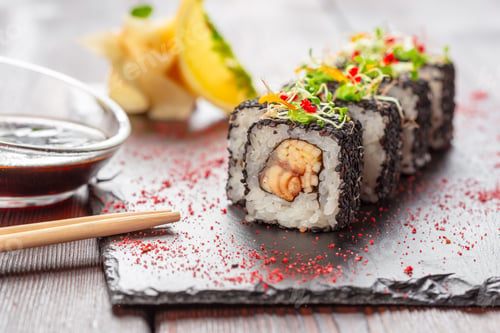 Preview: fresh sushi on rustic wooden table