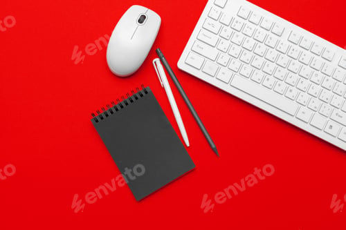 Preview: Styled stock photography red office desk table with stationery and office supplies