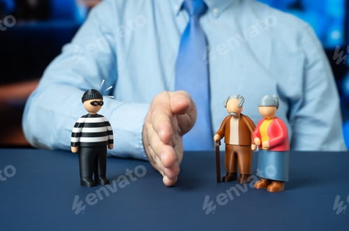 Preview: An official protects elderly people from a fraudster. Safeguarding seniors from financial scams