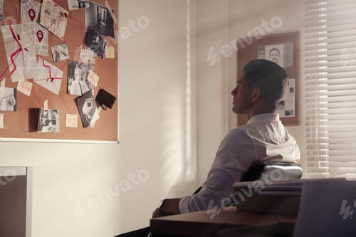 Preview: Detective looking at evidence board in office