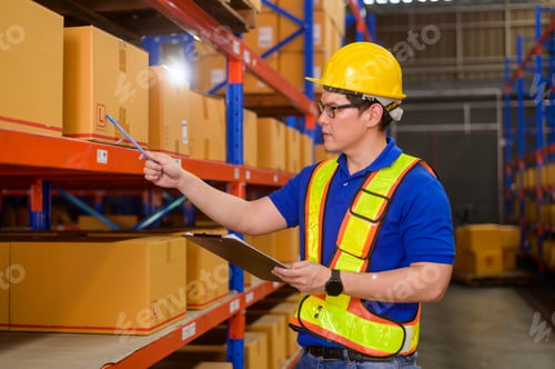 Preview: Worker wearing helmet checking inventory shelf in warehouse.
