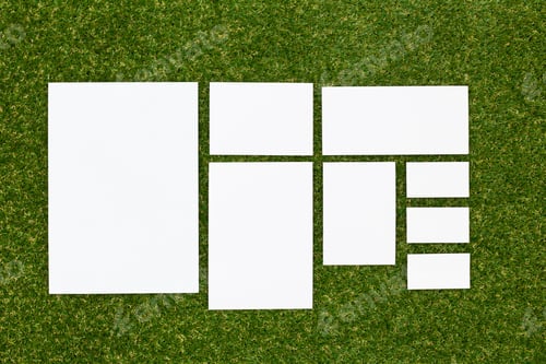 Preview: Multiple blank sheets arranged on grass for creative projects, design ideas, or presentations in a