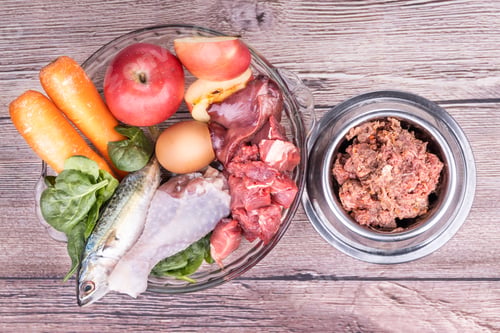 Preview: Ingredients of barf raw food recipe for dogs consisting meat, organs, fish, eggs and vegetable