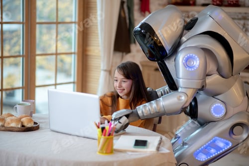Preview: Robot and a girl in orange shirt looking busy