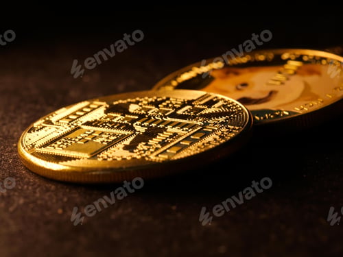 Preview: Selective focus shot of a coin with a Shiba Inu dog meme named "Doge" and a "Wow" engraving on it