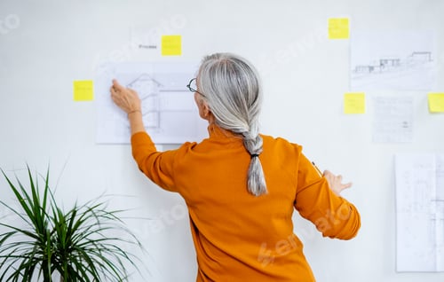 Preview: Rear view of senior woman architect standing indoors at home, standing and working.