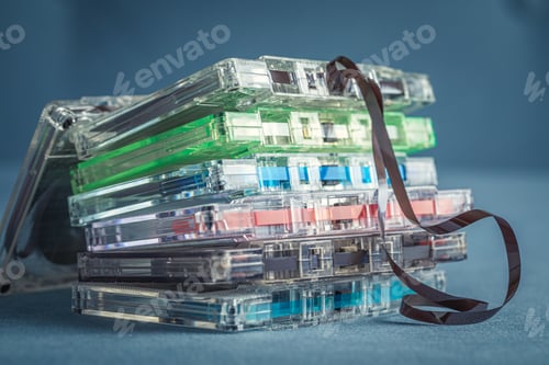 Preview: Pile of cassette tapes with an extracted tape