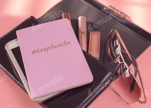 Preview: Pink Notebook and Makeup on a Black Clutch