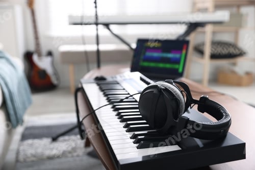Preview: MIDI keyboard, laptop and headphones on wooden table in home studio, selective focus