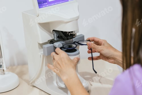 Preview: Optician measuring eyeglasses prescription on lensmeter