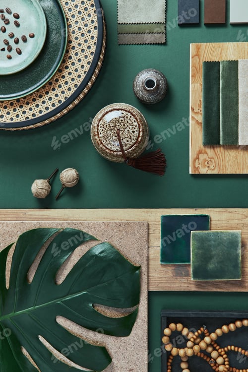 Preview: Stylish flat lay composition of creative architect moodboard design