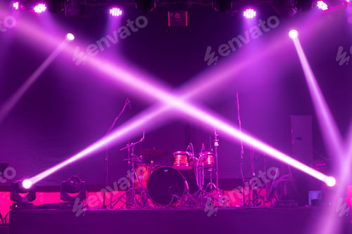 Preview: Empty stage concert with lighting laser beam spotlight show in disco pub club bar for party music