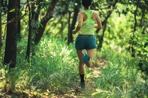 Preview: Fitness woman trail runner running in summer forest trail