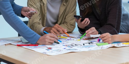 Preview: Close up ux developer and ui designer use augmented reality brainstorming about mobile app