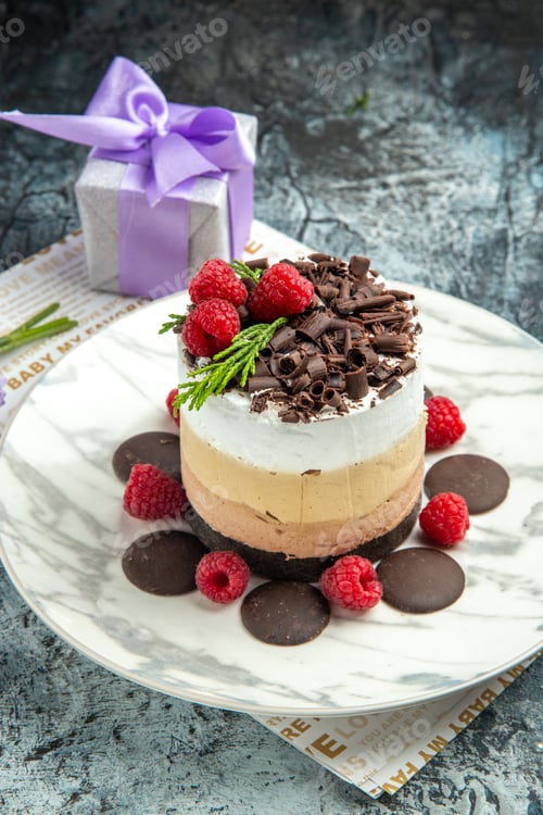 Preview: front view cheesecake with chocolate on oval plate xmas gift on grey background