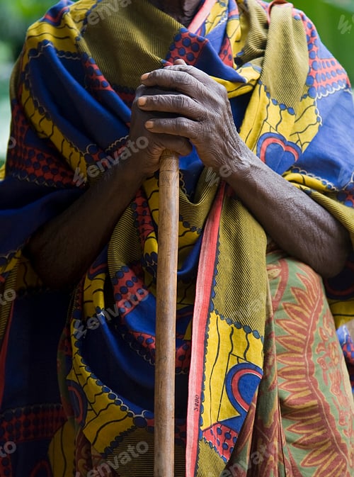 Preview: Elderly person holding a walking stick with a sense of wisdom and history.