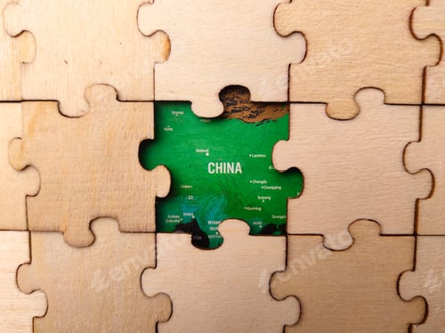 Preview: The image shows a wooden jigsaw puzzle with a section of a map of China visible