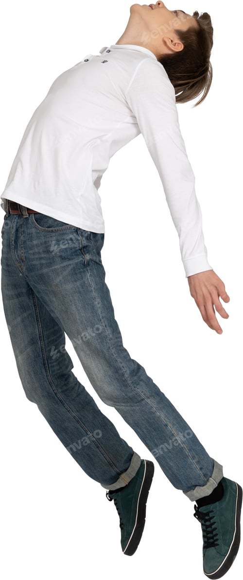 Preview: a woman jumping in the air wearing jeans and a white shirt