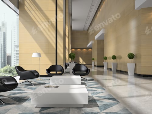 Preview: Interior of a hotel reception 3D illustration