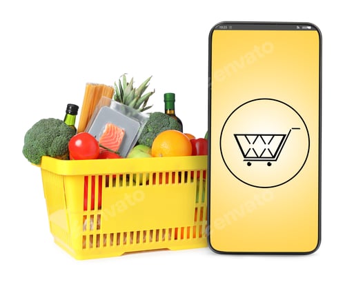 Preview: Food delivery app. Shopping basket full of groceries and mobile phone on white background