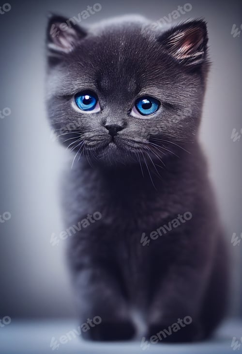 Preview: Tiny cute adorable black british shorthair kitten, with black background,studio lighting.pure breed