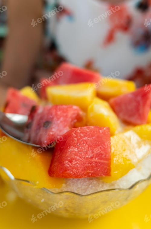 Preview: Fruit Shaved Ice With Watermelon And Mango On A Plate