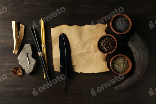 Preview: A set of magical things on a dark table.