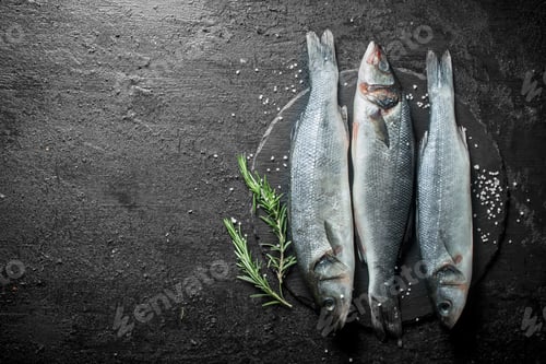 Preview: Raw fish with rosemary on a black stone Board.