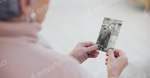 Preview: Memory, senior and woman with a photograph with hands in closeup for nostalgia in home. History, re
