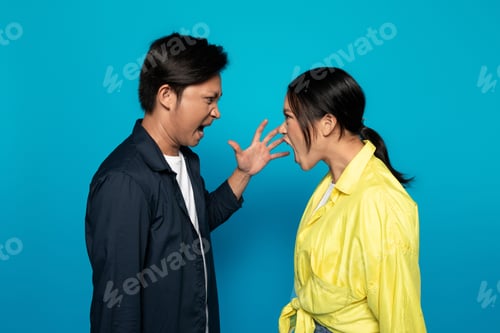 Preview: An Asian man and woman are facing each other with open mouths, as if engaged in a heated argument