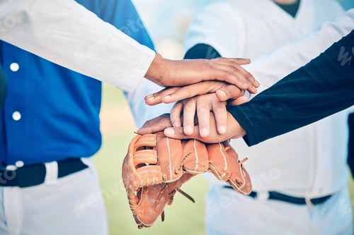 Preview: Hands together, baseball team and sport community support of softball group outdoor. Collaboration,